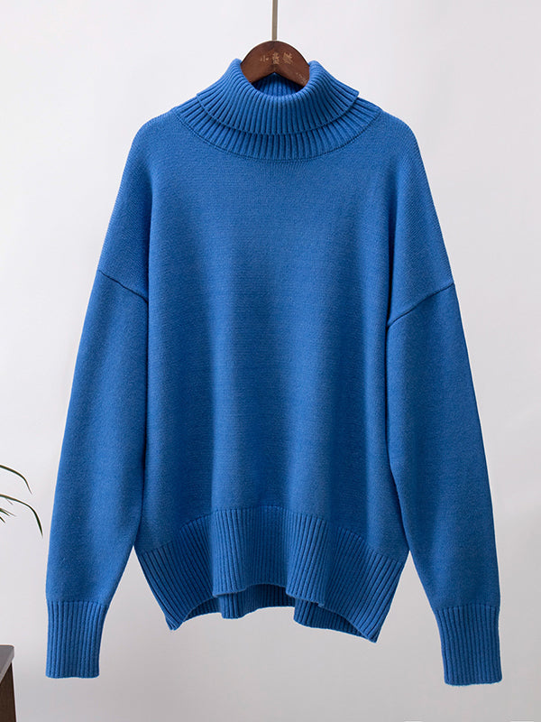 xakxx Long Sleeves Loose Solid Color High Neck Knitwear Pullovers Sweater Tops