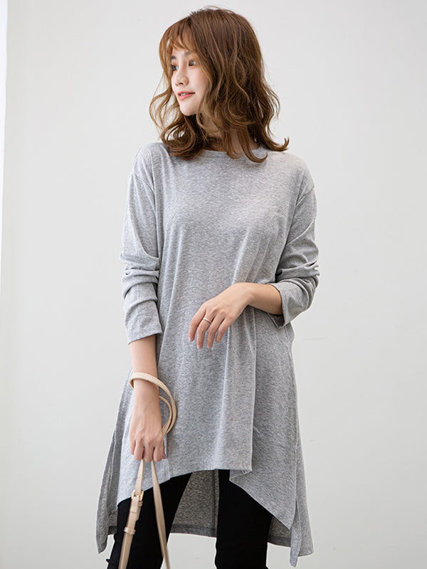 xakxx Casual High-Low Long Sleeves Solid Color Round-Neck T-Shirts Tops