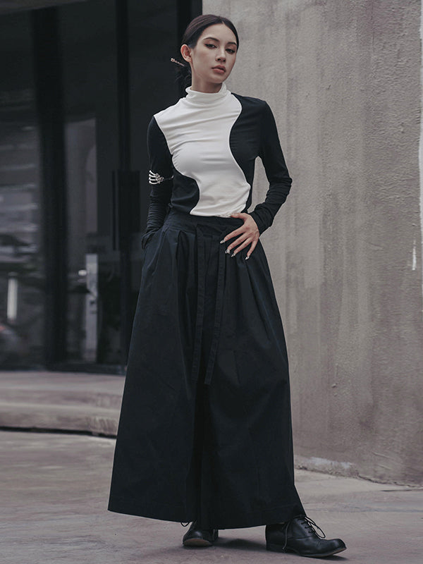 xakxx Urban Skinny Long Sleeves Contrast Color Asymmetric Split-Joint High-Neck T-Shirts Tops