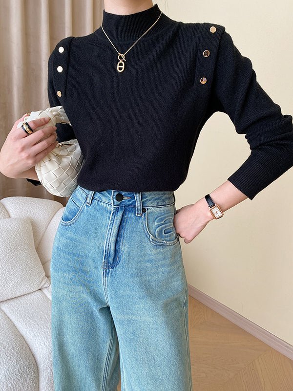 xakxx Long Sleeves Buttoned Split-Joint High-Neck Sweater Tops