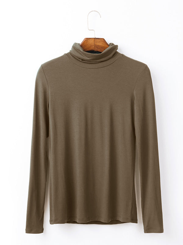 xakxx Simple Long Sleeves Skinny Solid Color High-Neck T-Shirts