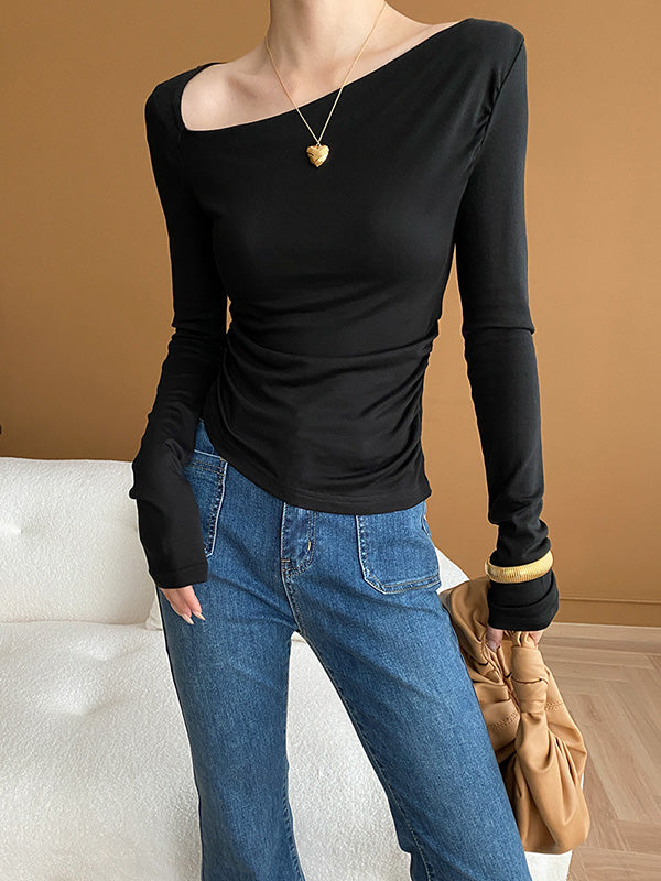 xakxx Long Sleeves Skinny Solid Color Asymmetric Collar T-Shirts Tops