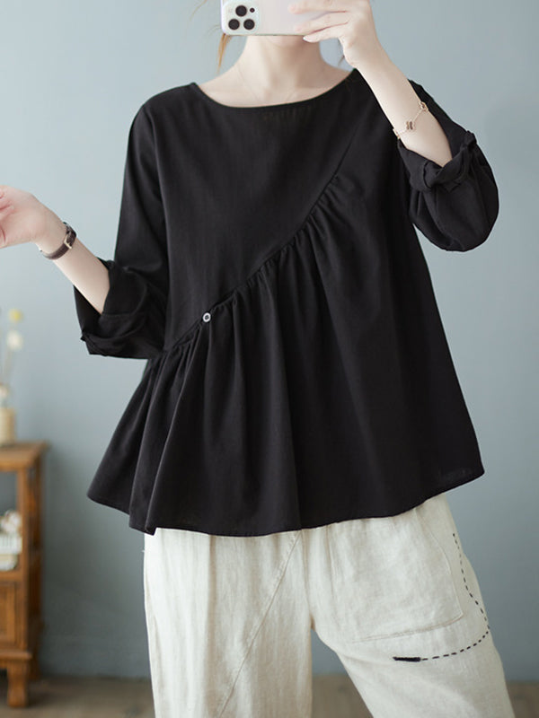 xakxx Casual Loose Long Sleeves Solid Color Round-Neck T-Shirts Tops