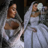 Vintage crystal ball gown Wedding Dress for bride luxury pearls beading lace wedding dresses strapless Vestido De Noiva Dubai saudi arabic robe mariage Bridal gowns