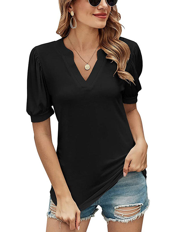 xakxx Simple Solid Color V-Neck Puff Sleeves T-Shirt Top