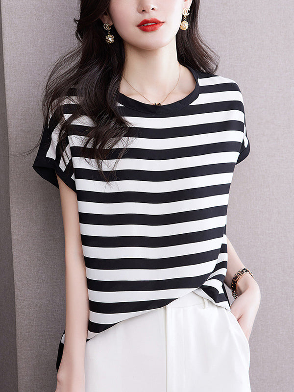 xakxx Loose Plus Size Contrast Color Striped Round-Neck T-Shirts