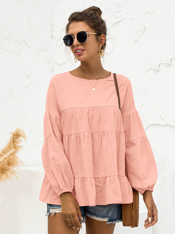 xakxx Casual Long Sleeves Puff Sleeves Solid Color Round-Neck T-Shirts Tops