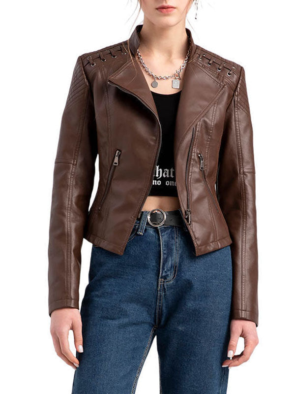 xakxx Long Sleeves Split-Joint Zipper Mock Neck PU Jackets Outerwear