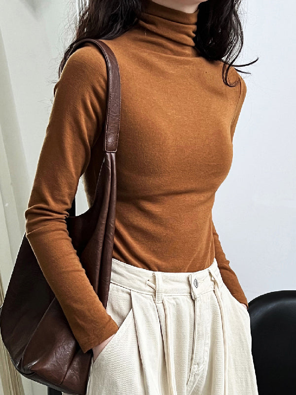 xakxx Long Sleeves Skinny Solid Color Split-Joint High Neck T-Shirts