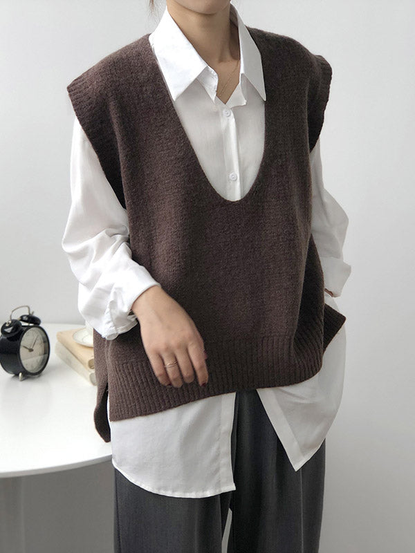 xakxx Knitting Irregularity Solid V-Neck Vest