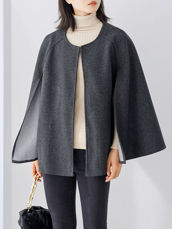 xakxx Casual Loose Solid Color Round-Neck Cape Outerwear