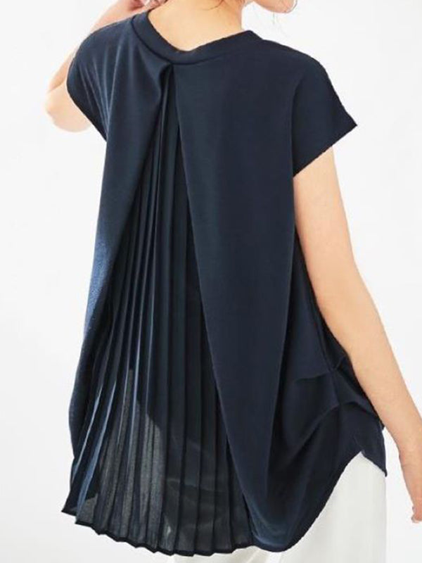 xakxx Loose Short Sleeves Back Pleated Solid Color Round-Neck T-Shirts Tops