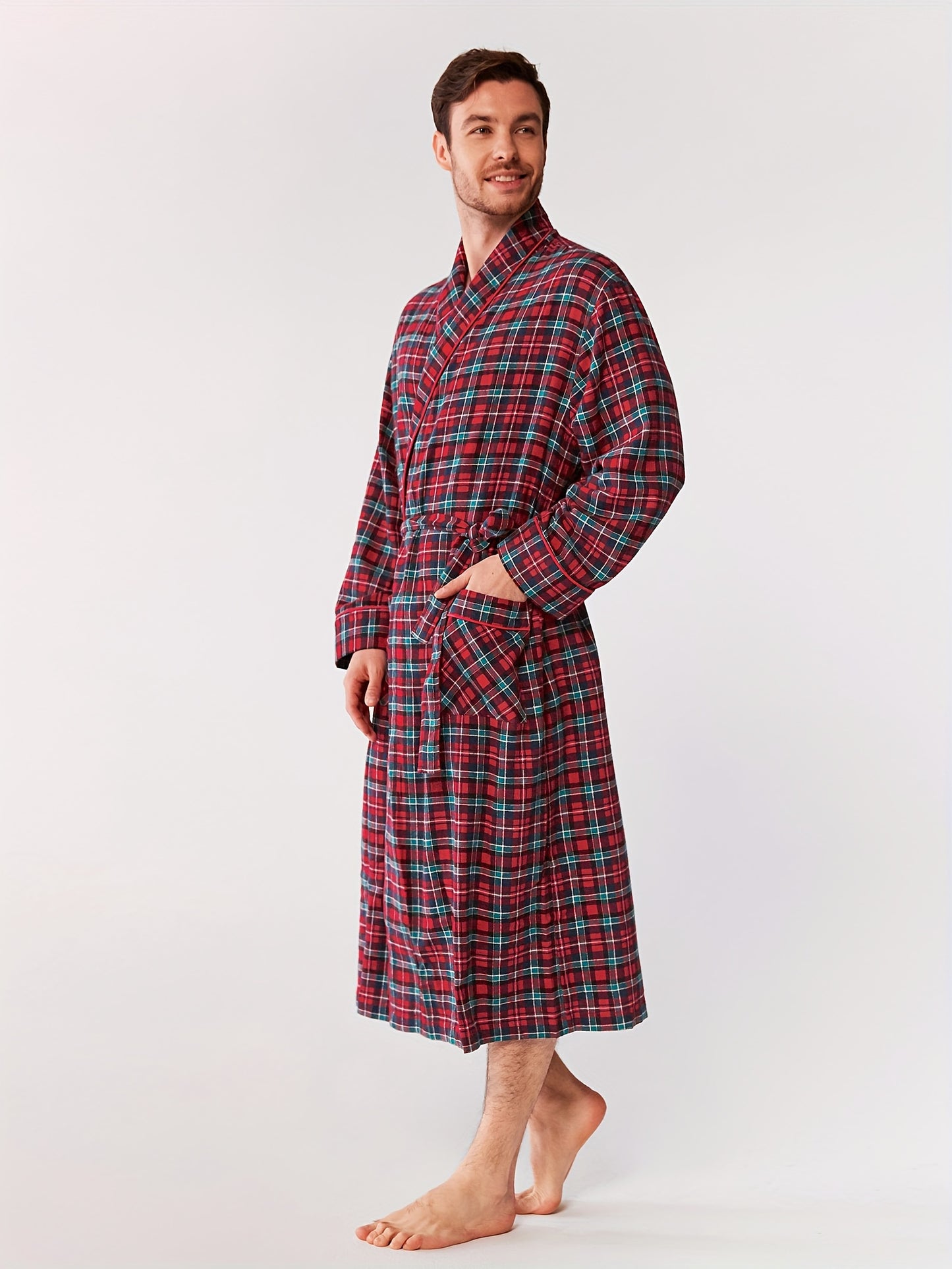 SIORO Mens Robe Flannel Cotton Plaid Bathrobe Soft Shawl Collar Loungewear