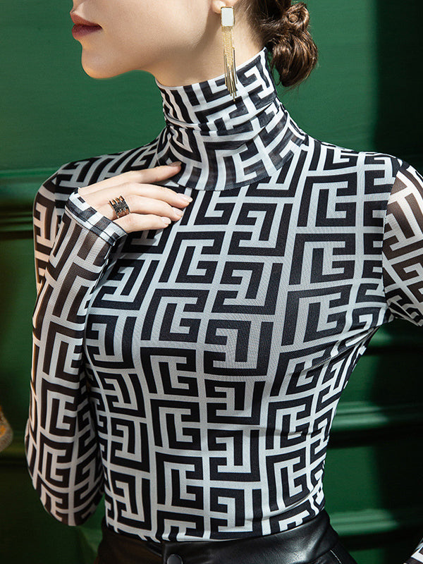 xakxx Long Sleeves Skinny Gauze Printed High-Neck T-Shirts
