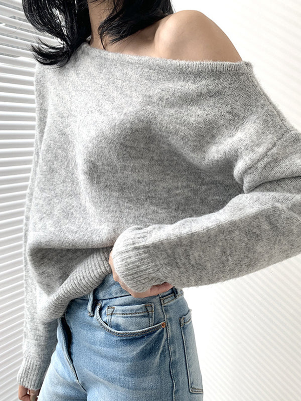 xakxx Casual Loose Long Sleeves Solid Color Off-The-Shoulder Sweater Tops