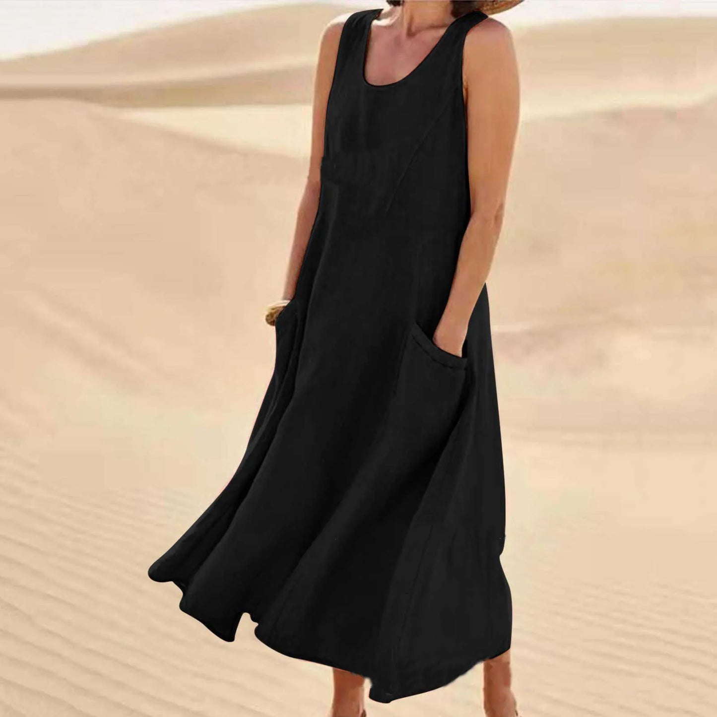 Hot Summer women Casual Dresses pocket sleeveless round neck women's cotton linen dress loose Khaki White black home outdoor skirt Big Size S-5XL 1f9 89b