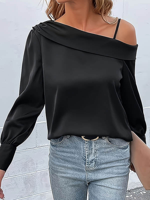 xakxx Long Sleeves Loose Asymmetric Solid Color One-Shoulder T-Shirts Tops