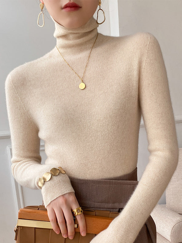 xakxx Simple Skinny Long Sleeves Solid Color Sweater Tops