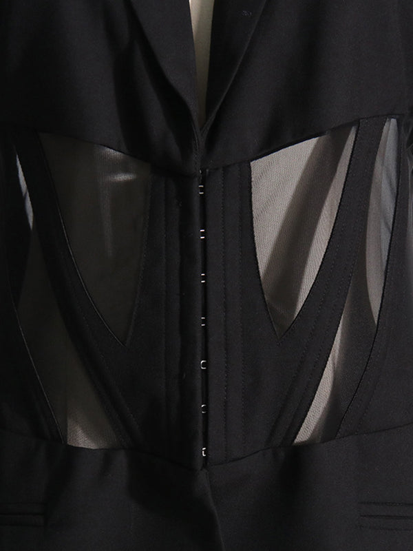 xakxx Long Sleeves Buckle Gauze See-Through Solid Color Split-Joint Notched Collar Blazer