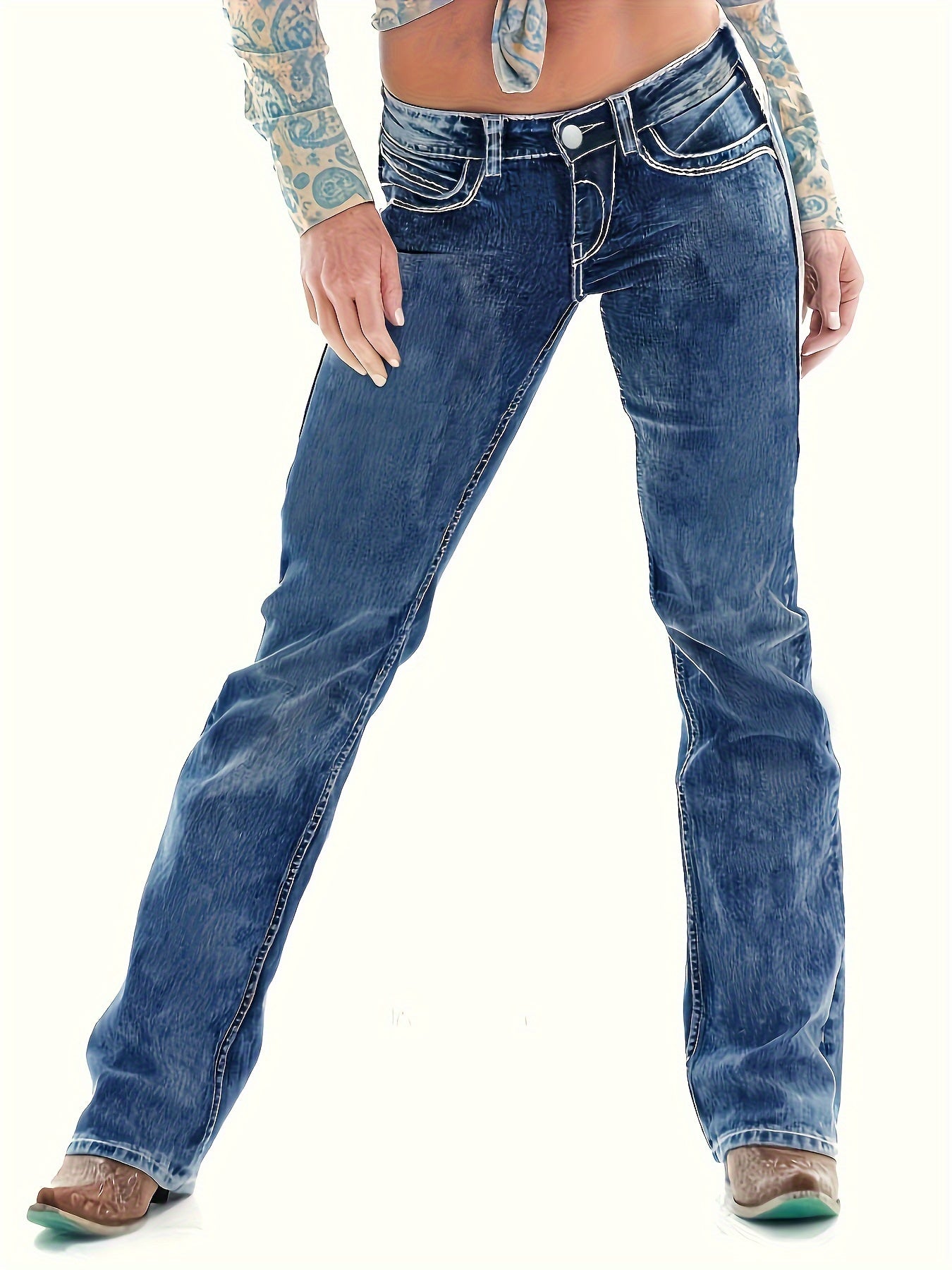 Slant Pockets Washed Bootcut Jeans, Slim Fit Stretchy Denim Pants, Women's Denim Jeans & Clothing