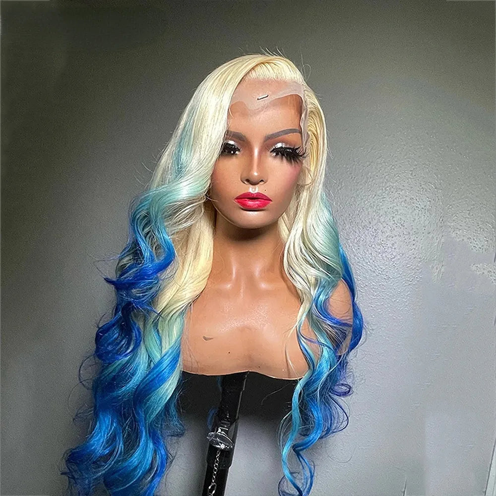 Brazilian 13x4 Blonde Ombre Blue Lace Front Wigs For Women Body Wave Short Simulation Human Hair Wig HD Lace Frontal Wig