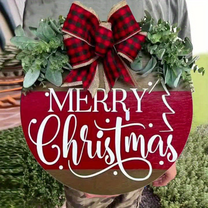 Christmas Wreath Welcome Sign - Outdoor Holiday Decoration for Front Door, Porch, Farmhouse, Home Bar, Indoor, Room Decor - Rustic, Hanging, Gift Idea, Seasonal Decor
