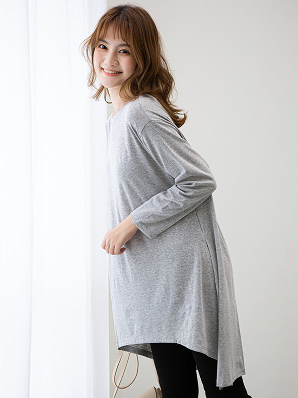 xakxx Casual High-Low Long Sleeves Solid Color Round-Neck T-Shirts Tops