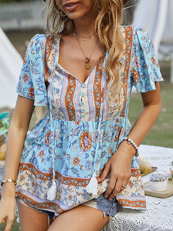 xakxx Loose Short Sleeves Buttoned Flower Print Split-Joint Tasseled Tied V-Neck T-Shirts Tops