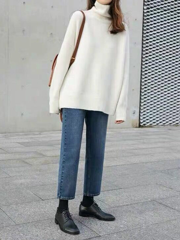 xakxx Casual Loose Long Sleeves Solid Color High-Neck Sweater Tops