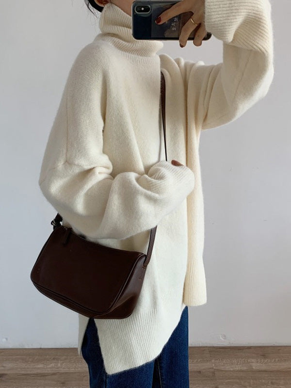 xakxx Casual Long Sleeves Loose Solid Color High-Neck Sweater Tops