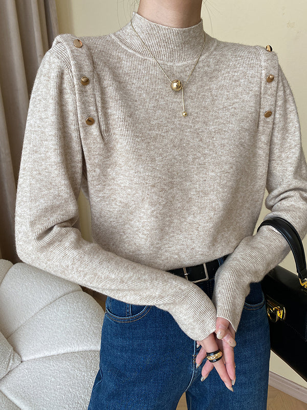 xakxx Long Sleeves Buttoned Split-Joint High-Neck Sweater Tops
