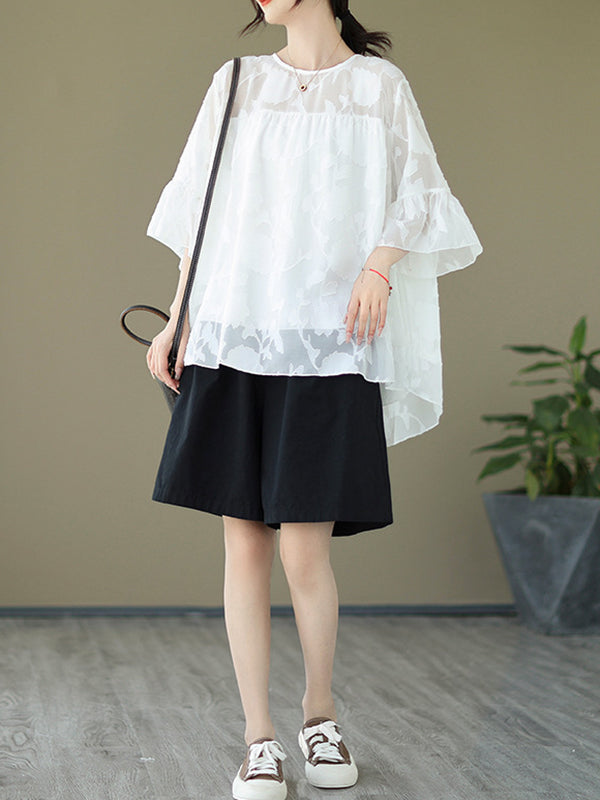 xakxx Loose Short Sleeves Falbala Pleated See-Through Split-Joint Round-Neck T-Shirts