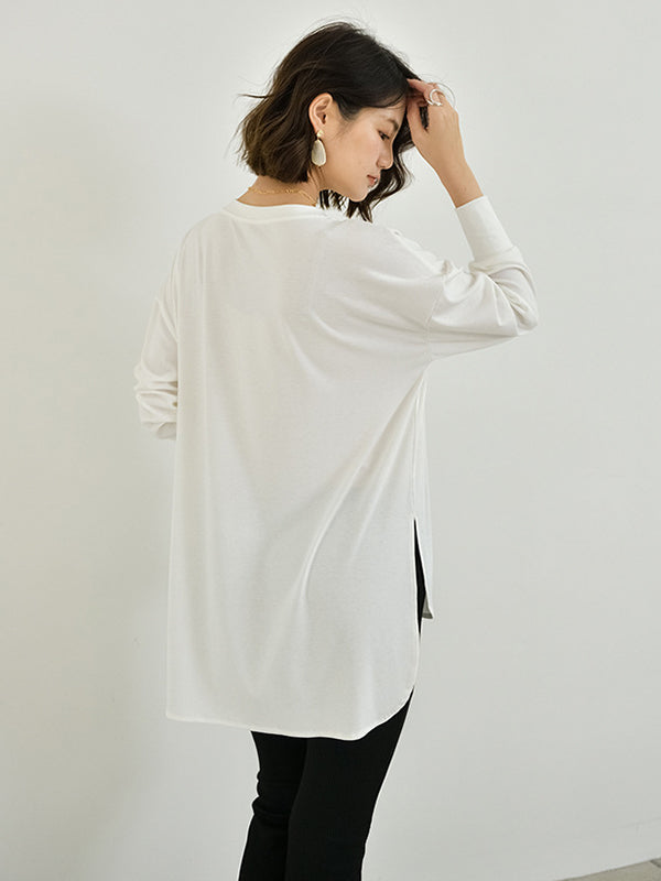 xakxx Simple Long Sleeves Loose Split-Side Solid Color Round-Neck T-Shirts Tops