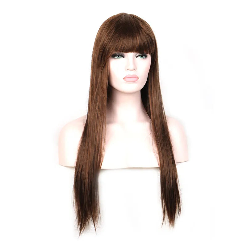 WoodFestival long straight hair wigs heat resistant synthetic fiber burgundy black brown flax wig with bangs 70cm realistic sof women