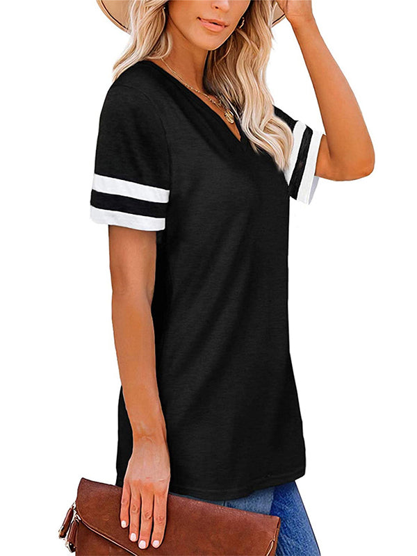 xakxx Loose Short Sleeves Contrast Color Striped V-Neck T-Shirts
