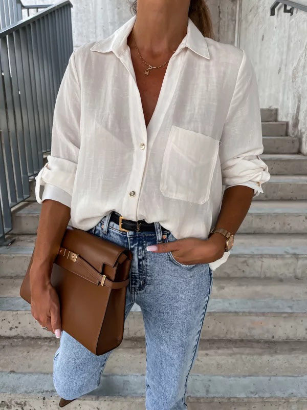 xakxx Trendy Long Sleeves Solid Color Lapel Collar Blouses