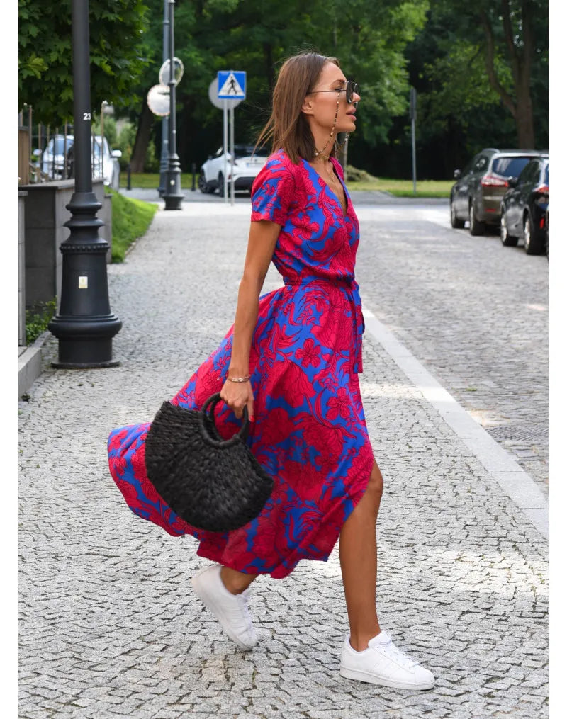 designer womens skirt summer new V-neck print lace-up Lady Floral dress Blue purple pink Urban fashion Clothes 33a fa5
