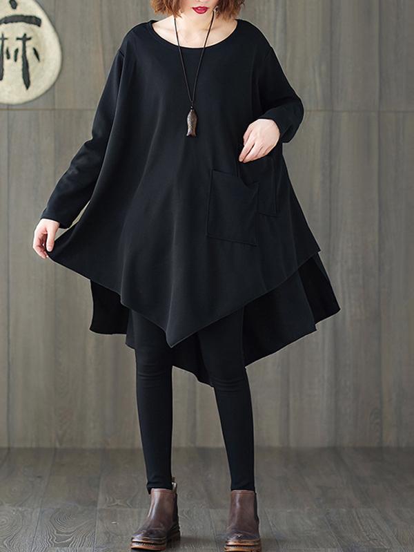 xakxx Loose Black Cropped Solid Long Sleeve T-Shirt