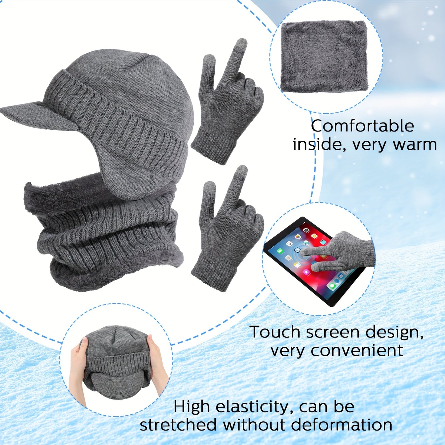 3 Pcs Winter Hat Scarf Glove Set Visor Beanie Hat With Earflaps Neck Warmer And Touch Screen Gloves For Men Women