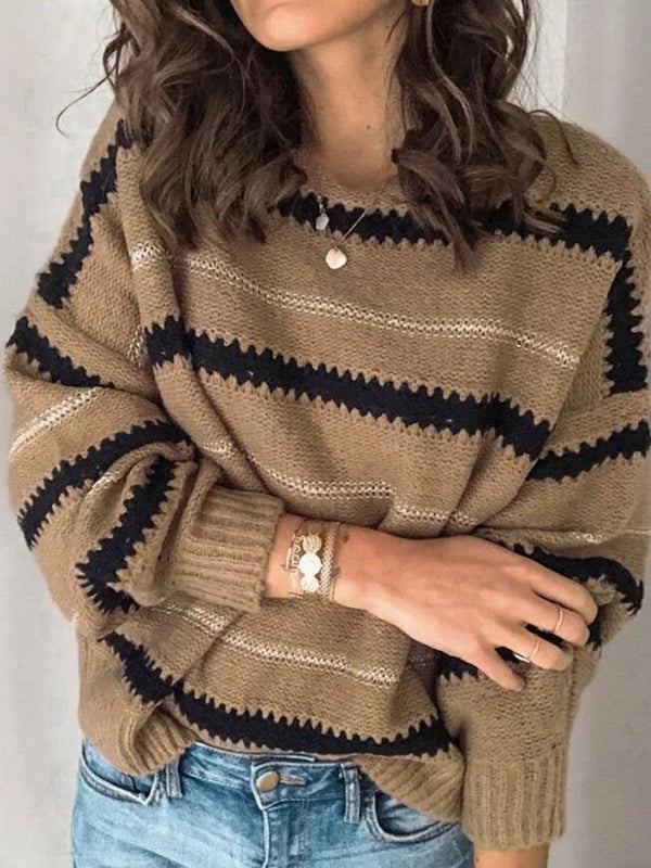 xakxx Long Sleeves Loose Striped Round-Neck Knitwear Pullovers Sweater Tops