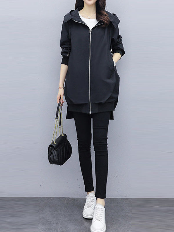 xakxx Casual Loose 4 Colors Pleated Zipper Hooded Long Sleeves Outwear