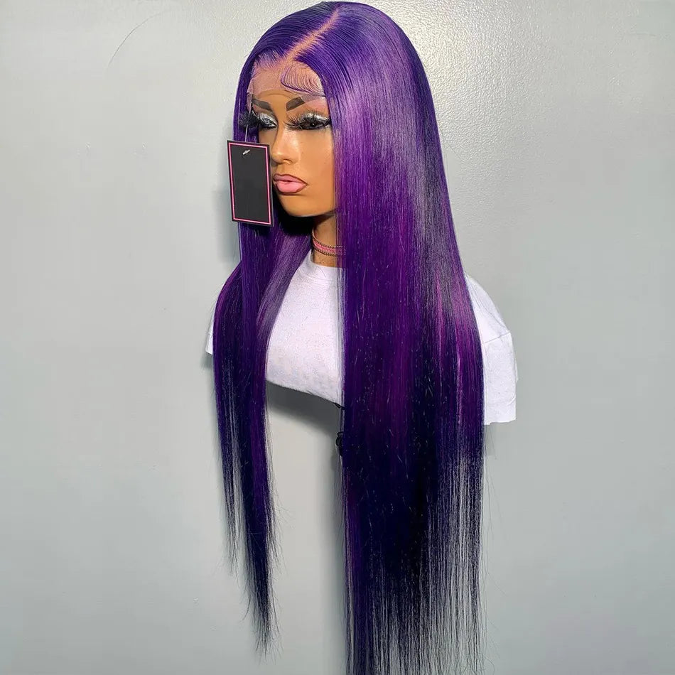 40 Inch Dark Purple Colored Straight Lace Front Human Hair Wigs for Black Women 180% Transparent 360 Lace Frontal Wig Preplucked