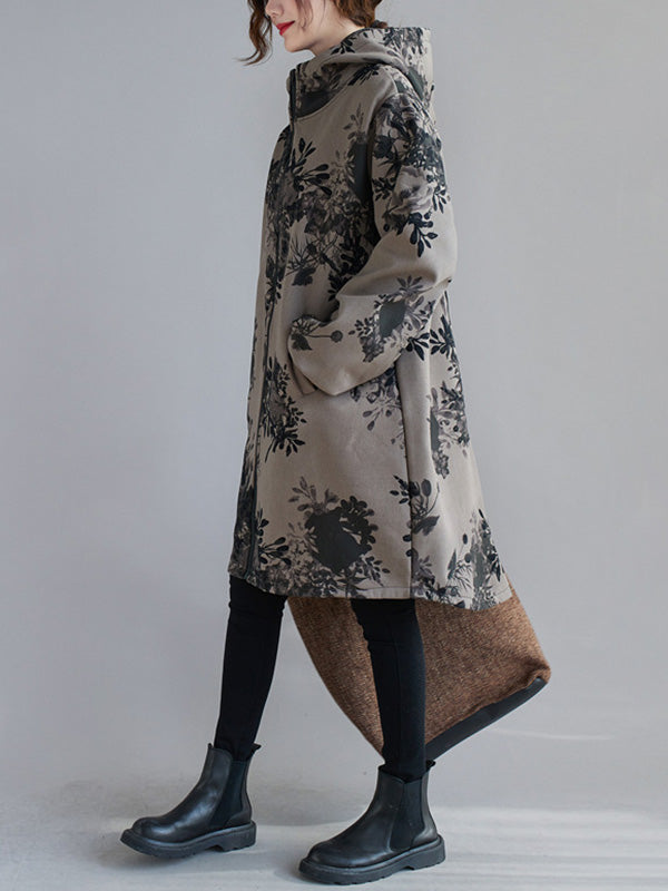 xakxx Artistic Retro Loose Floral Printed Hooded Long Sleeves Outwear