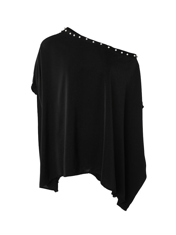 xakxx Loose Raglan Sleeve Beaded One-Shoulder T-Shirts Tops