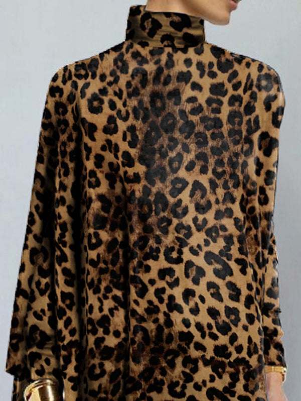 xakxx Long Sleeves Loose Leopard Printed High Neck T-Shirts