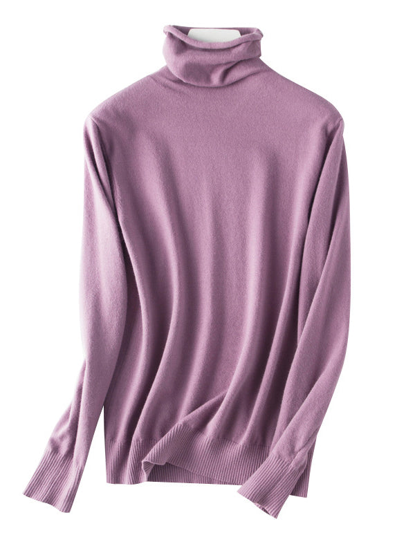 xakxx Simple Loose Long Sleeves Solid Color High-Neck Sweater Tops