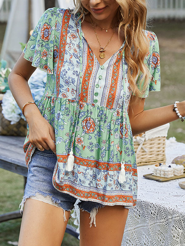 xakxx Loose Short Sleeves Buttoned Flower Print Split-Joint Tasseled Tied V-Neck T-Shirts Tops