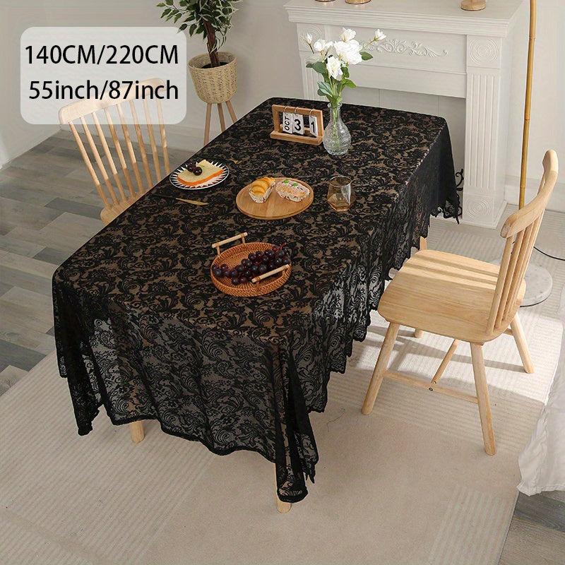 1pc Exquisite Black Phoenix Tail Flower Rectangle Lace Tablecloth - Elegant Sheer Decor for Rustic Vintage, Wedding, Thanksgiving, Baby Shower - Durable, Easy Care, and Versatile for Any Occasion