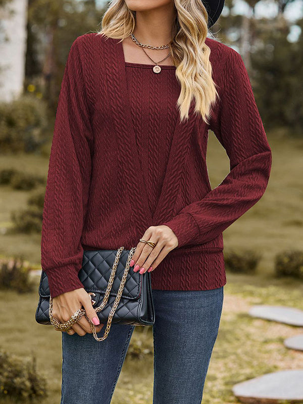 xakxx Long Sleeves Loose Colorful Solid Color Square-Neck T-Shirts Tops