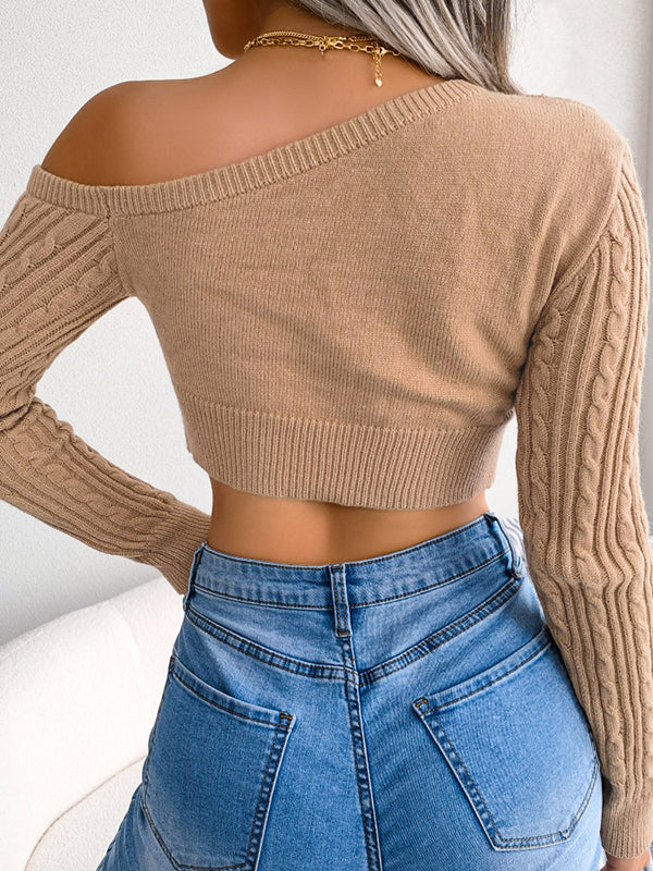 xakxx Long Sleeves Skinny Solid Color One-Shoulder Pullovers Sweater Tops